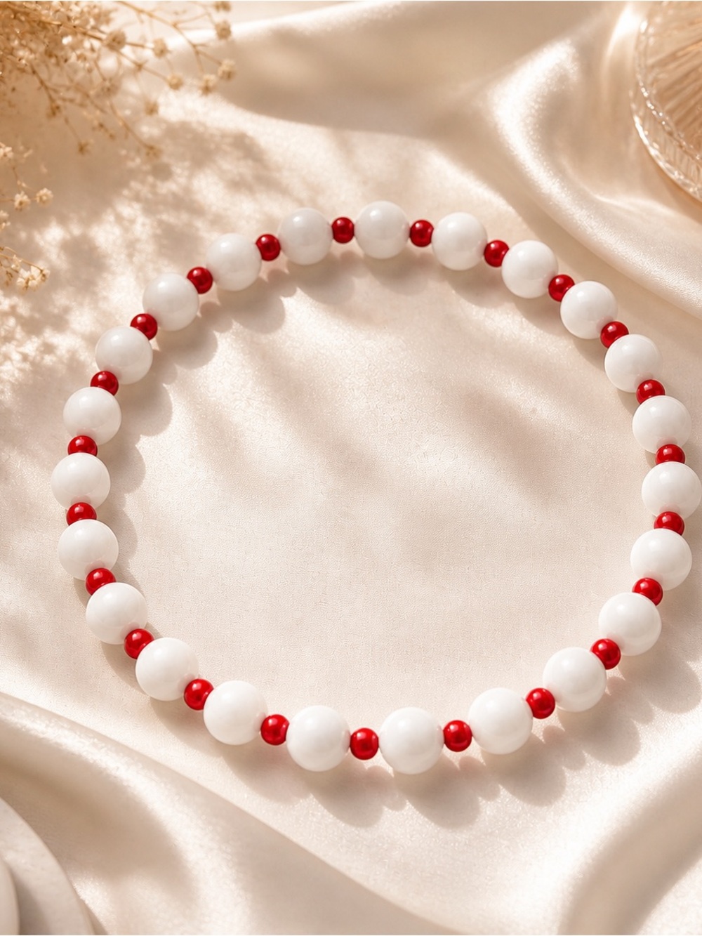 Handmade Natural Stone White & Red Agate Beaded Necklace Minimalist Modern